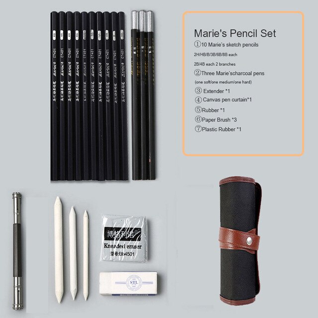 Sketch pencil set charcoal full set of student entry tools painting beginner drawing art supplies: buttons 13pencils