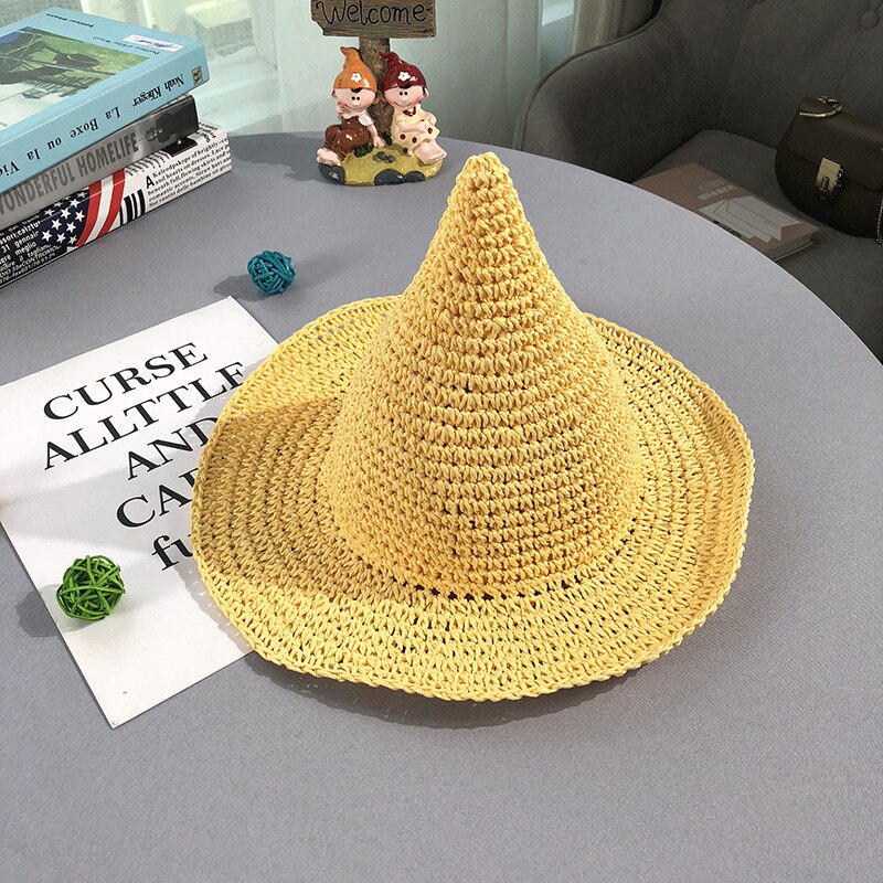 Sombrero de paja de verano para niña, bebé, playa, protección solar, gorra informal para niños, protección solar, protección solar, sombreros de bruja, gorras de Color sólido H7375: YELLOW