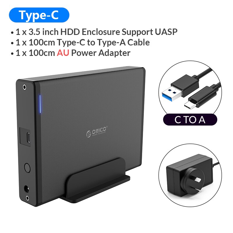Orico 3.5 Inch Hdd Case Type C Harde Schijf Behuizing Sata Naar Usb 3.1 Externe Harde Schijf Reader Voor 2.5/3.5 ''Hdd Ondersteuning 16Tb: AU Power Adapter