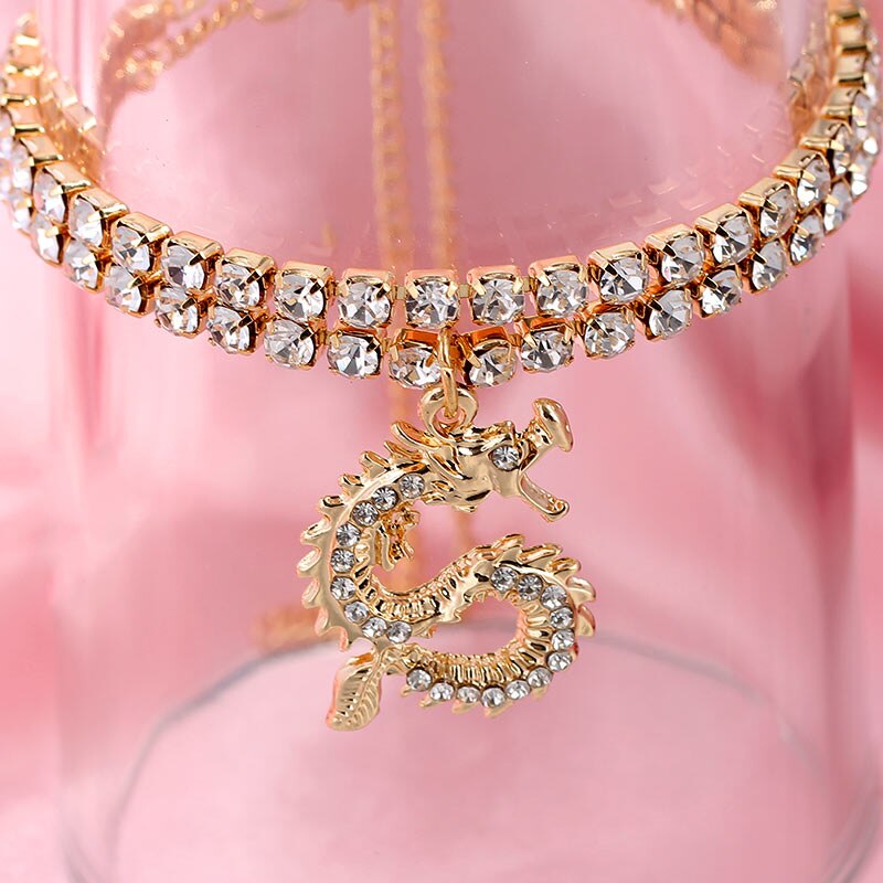 Caraquet Punk Vintage Rhinestone Dragon Anklet for Women Shining Crystal Tennis Chain Anklets Summer Beach Foot Jewelry