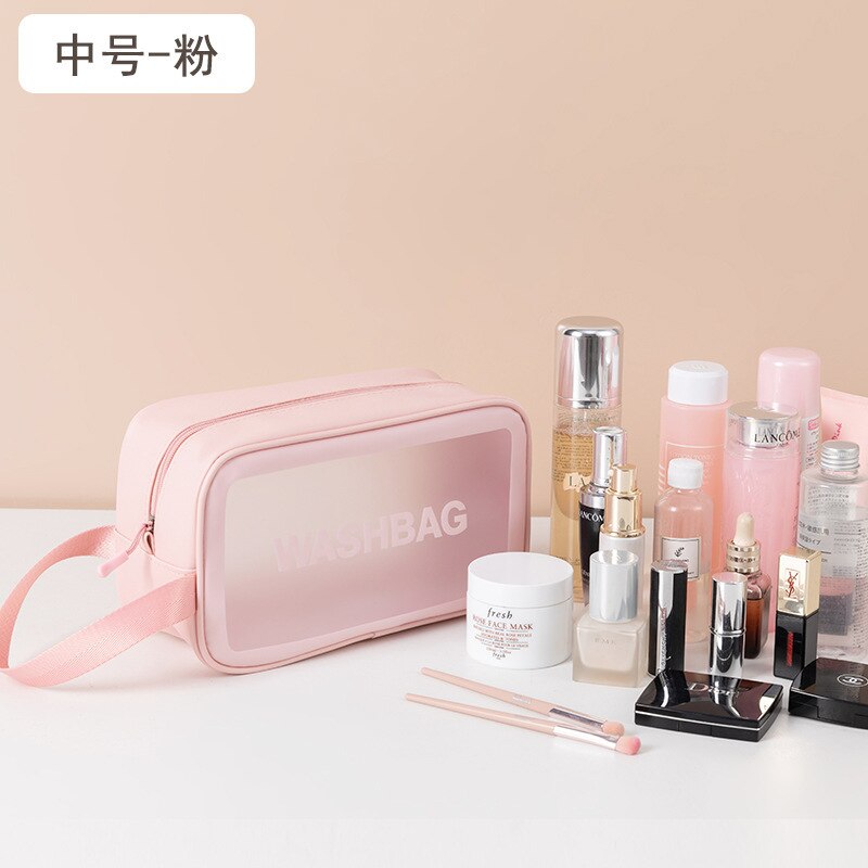 Stijlvolle brief toilettas pu make-up tas transparante reisorganizer toilettassen hoge capaciteit waterdichte dames cosmetische tassen: Middelroze