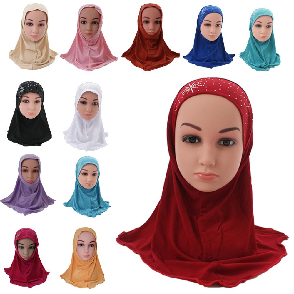 Foulard Hijab arabe pour enfants, couvre-chef avec strass pour l&#39;école, couvre-chef islamique pour enfants de 2 à 6 ans