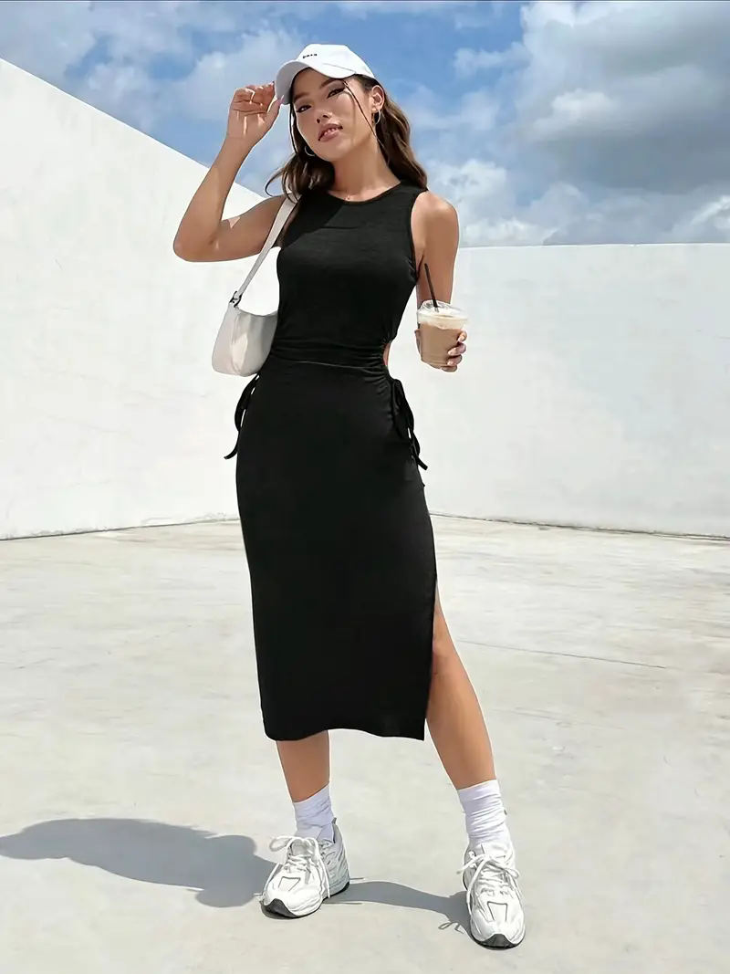 Sense Dew Waist Lace Slim Sexy Side Slit Bag Hip Dress Summer Round Neck Sleeveless Vest Dress Female