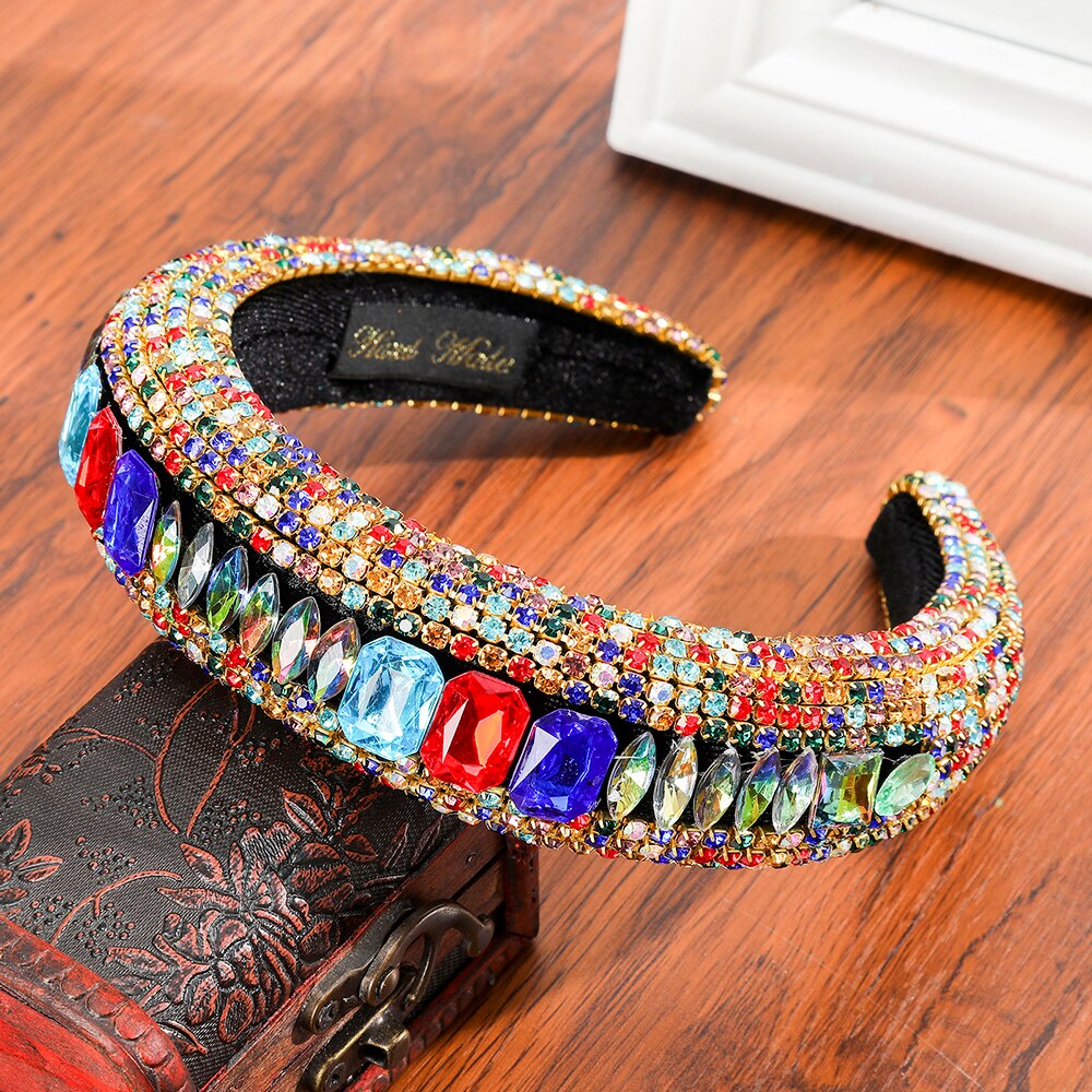 Molans prachtige grote gekleurde edelstenen hoofdband met brede rand, heldere diamantsteek, handmatige haarband, haaraccessoires voor vrouwen: C
