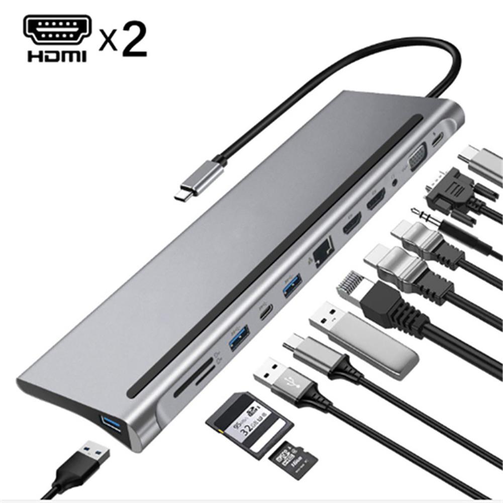 Laptop Docking Stations Cable Hub 12 in 1 Type-c to Dual VGA/USB 3.0 Hub/PD/RJ/Micro-SD/TF Card Dock Adapter up to 87W