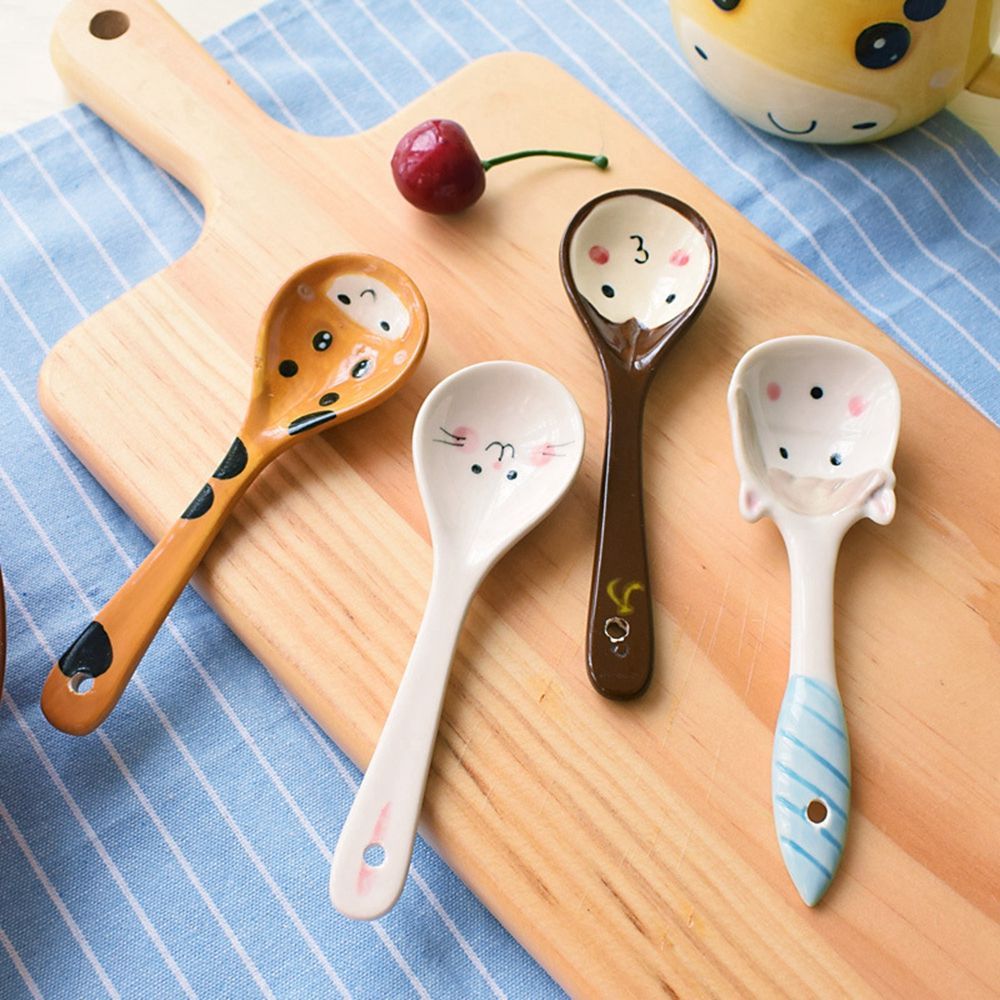 1PC Cute Cartoon Animals Cat Ceramic Spoon For Girls Boys Porridge Soup Spoon Home Restaurant Kitchen Tableware