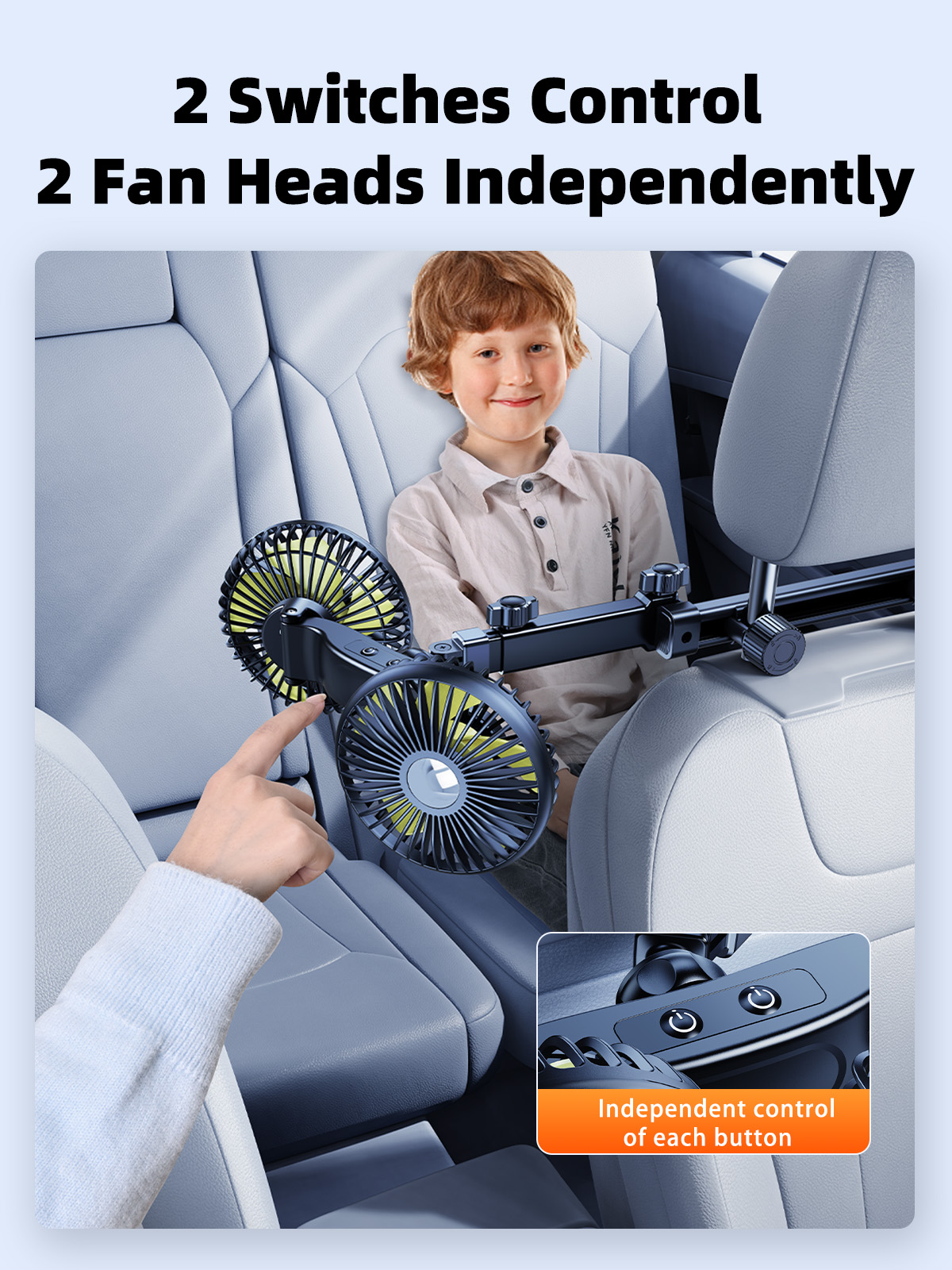 Eary-ventilador de doble cabezal para coche, soporte para reposacabezas del asiento trasero, carga USB, brazo largo, ajustable, viento de 3 velocidades, potente ventilador de refrigeración de aire