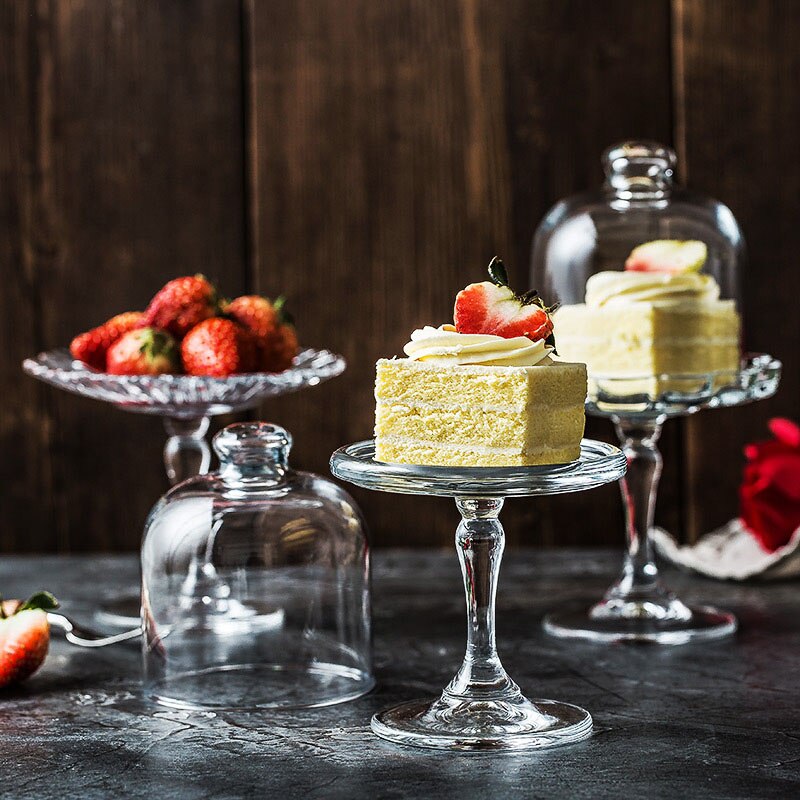 Europeisk glass kakefat med lokk anti-støv husholdning bakverk tallerken western dessert tallerken hjem bryllup dekorasjon