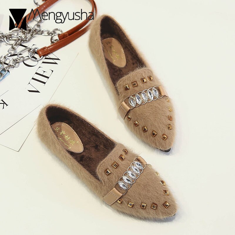 Stor størrelse ballet flade rhinestone pels flade sko kvinde guld nitter villus sko metal cirkel spænde loafers behagelige plys muldyr  c63