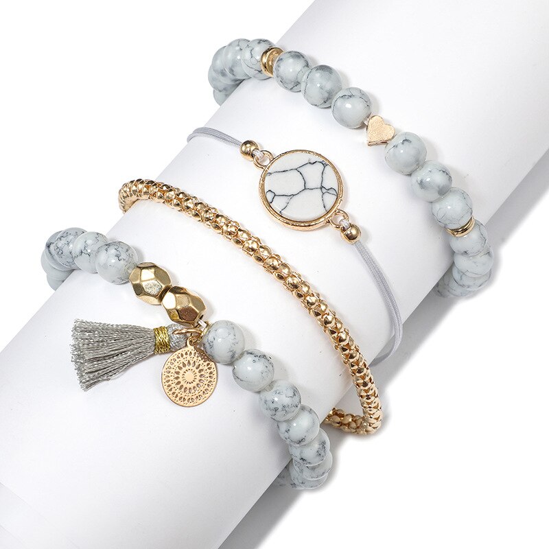 4 Pcs Bracelet Vintage Wind Bracelet Anklet Tassel Hollow Natural Stone Hollow Flower Charm Bracelet For Women