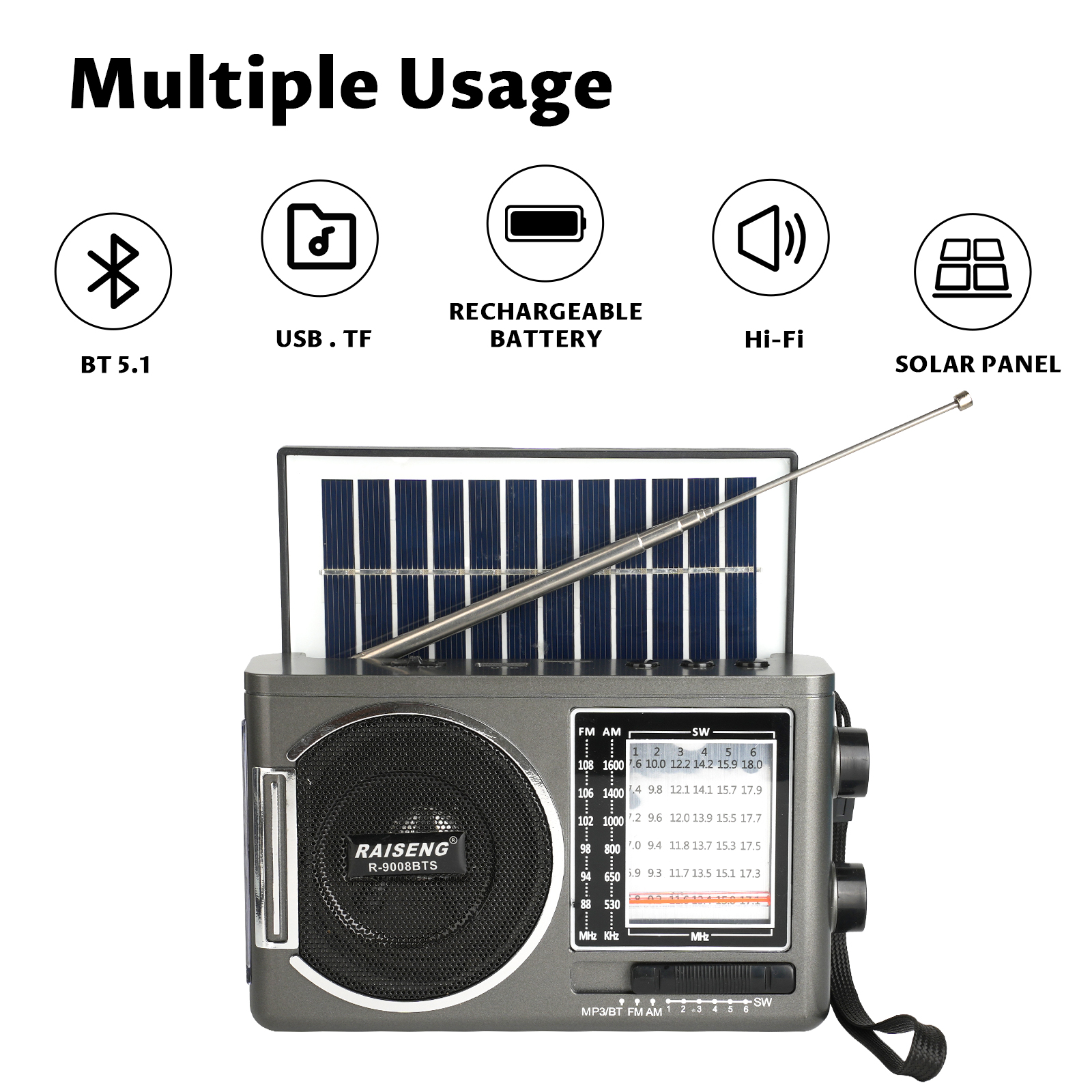 9008BTS classic solar radio, AM/FM speaker, USB/TF card interface, 3 charging methods, suitable for outdoor activities