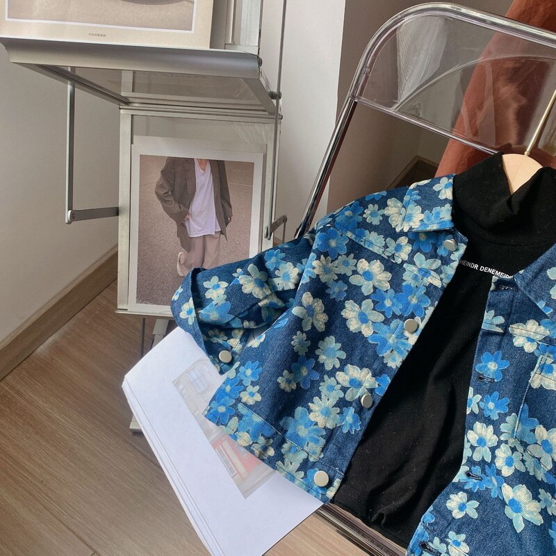 2021 stile coreano nuovo autunno bambini ragazze ragazzi cappotto blu Jacquard tessuto maniche lunghe giacca di jeans bambini moda calda Top E022