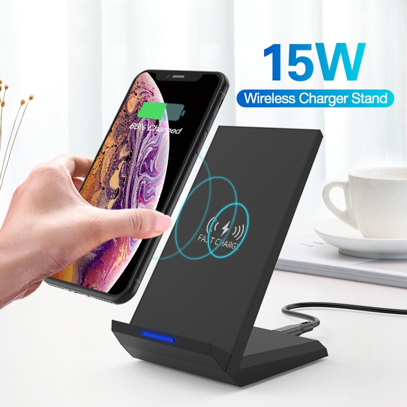 15W Qi Wireless Charger Stand for iPhone 11 Pro 8 X XS Samsung S10 S9 S8 - Fast Charging Desktop Phone Holder with LED Indicator