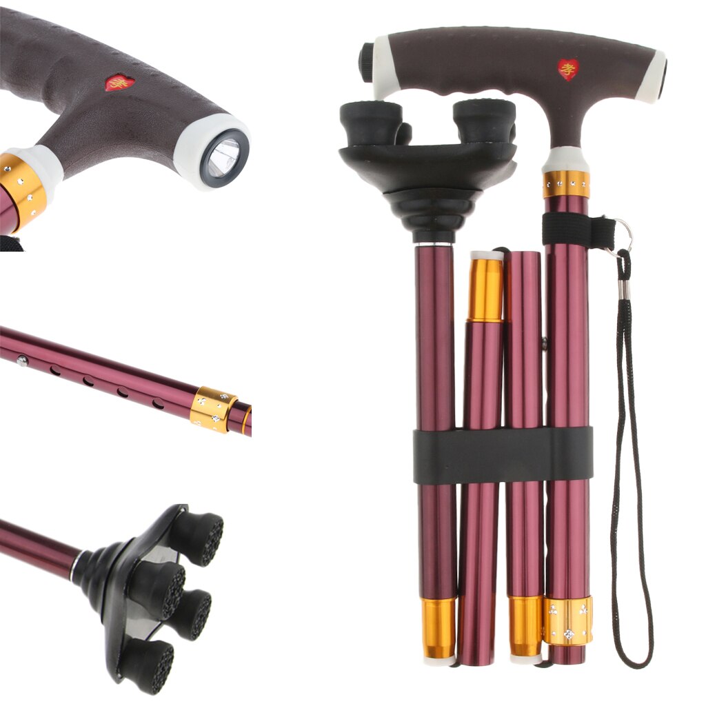 Folding Walking Stick Height Adjustable Led Lightweight Cane Quad Non-slip