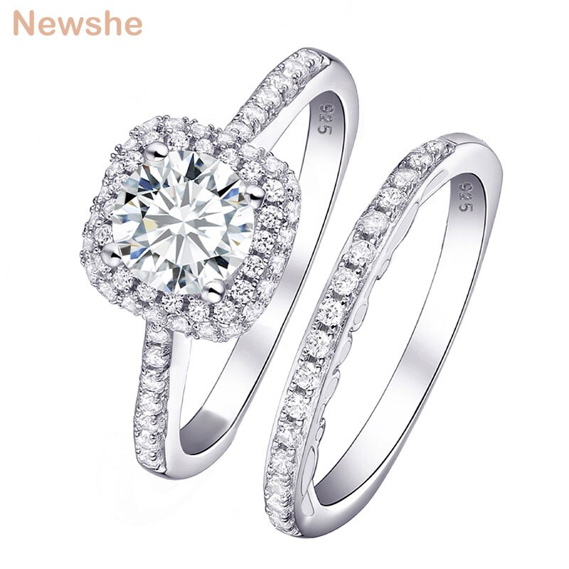 Newshe 2 Pcs Halo Hochzeit Ring Set Trendy Schmuck 925 Sterling Silber 1,6 Ct Runde AAAAA CZ Engagement Ringe Für frauen 1R0031