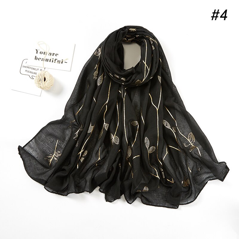 Heißer stanzen Gold Blatt aufbringen Hijab Schal Beliebte funkeln Blumen- Muslimischen Stirnband Kopf Wickeln Frauen Islamischen Schleier Turban Lange Schal: 4 Schwarz