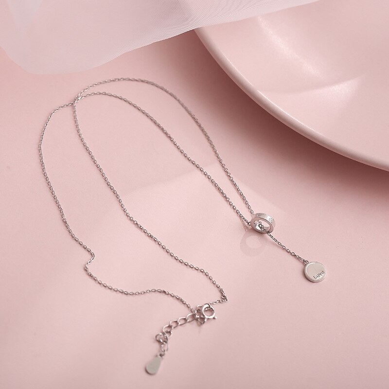 Collar de cadena larga de círculo redondo para mujer, de Plata de Ley 925, colgante de disco de amor con letras, de joyería, S-N601 al por mayor: Silver Color