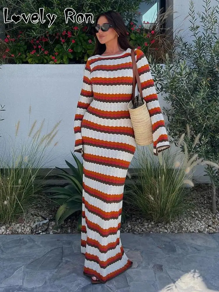 Knitted Crochet Stripe Maxi Dress Women Horn Sleeve Beach Dress Female Evening Party Chic Long Dresses