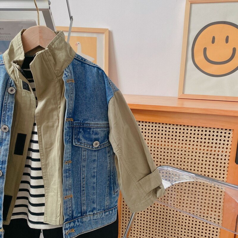 2021 vendita calda autunno bambini ragazzi ragazze cappotto patchwork maniche lunghe falso due giacche bambini Denim capispalla stile Casual E425