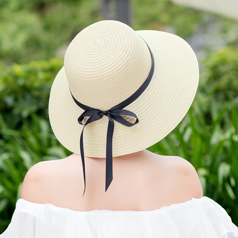 women's straw hat wide brim sun hat ladies solid black ribbon bow floppy beach hat female packable summer hat: B5