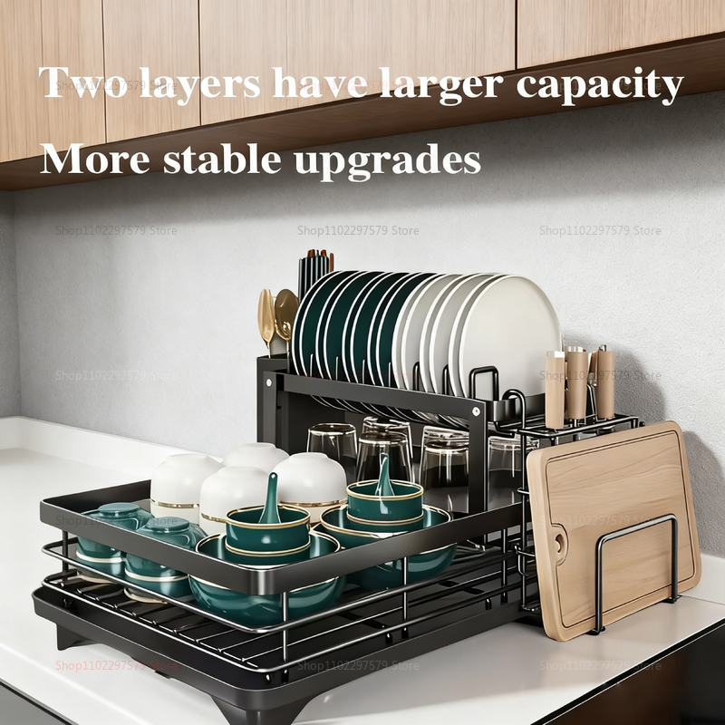 Dubbellaags schoteldroogrek Keukenorganizer met beker en komopslag Meerlaags afdruiprek voor aanrecht en keuken
