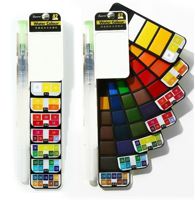 Set van 2 aquarelverf in  :18/25/33/42 kleuren, kunstset met waterpenseel, opvouwbaar aquarelverfpigment