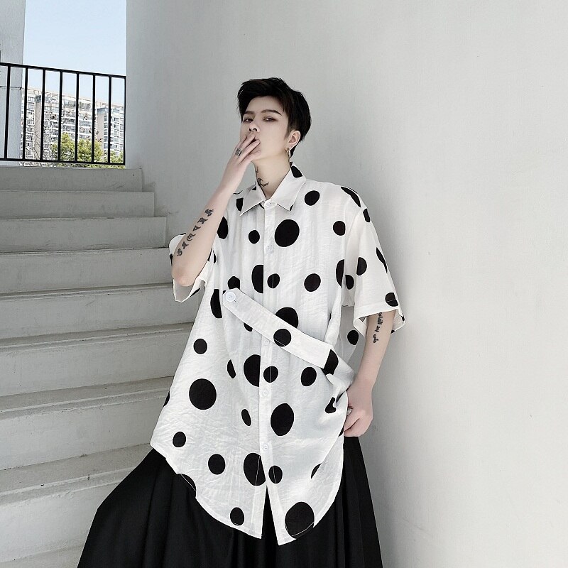 Men summer dot printed cotton & linen oversize shirt Korean short sleeve shirts man vintage casual breathable blouse: White / XL