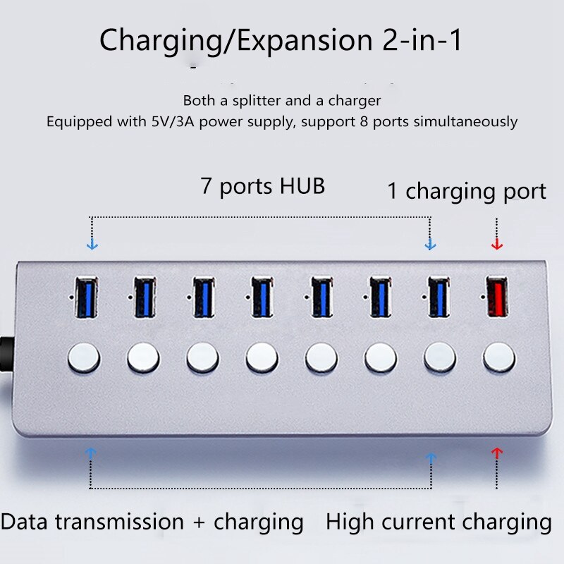 Usb 3.0 hubb med oberoende switch strömförsörjning port dator multi-interface one-drag sju expander