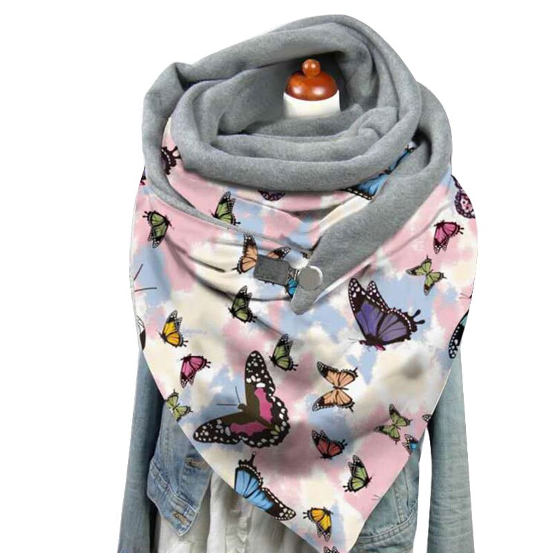 Multi-usages col châle femmes noël impression écharpe bouton écharpe enveloppes Triangle foulards Plus velours motif papillon