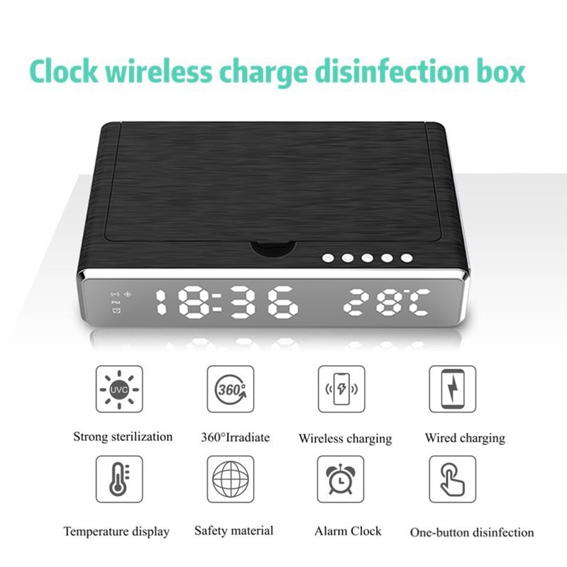 1pc Newest LED Mirror With UV Disinfection Of Mobile Phone Charger Alarm Clock Wireless Digital Thermometer Clock HD Clock