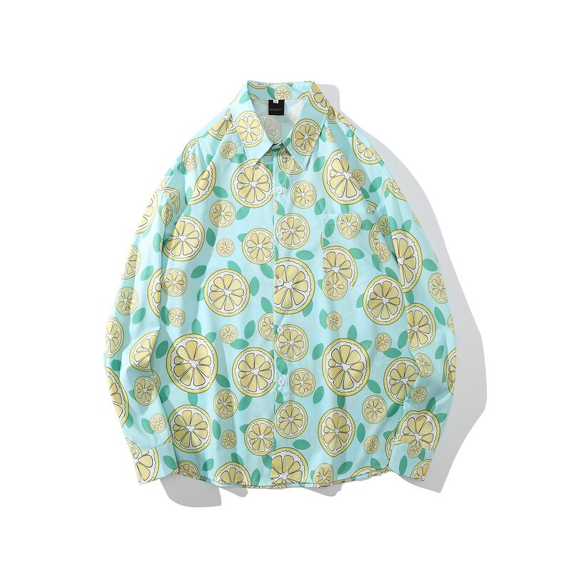 Blusa holgada informal de manga larga con estampado de hojas de limón para verano, camisa holgada con botones estilo Hip Hop para mujer,: 1 / XL