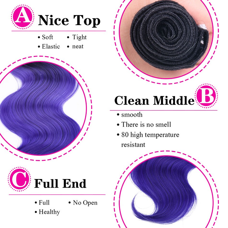 16-20inch Body Wave Synthetic Ombre Hair Bundles With Closure Purple Pink Green Middle Part 4Pieces/lot 230g