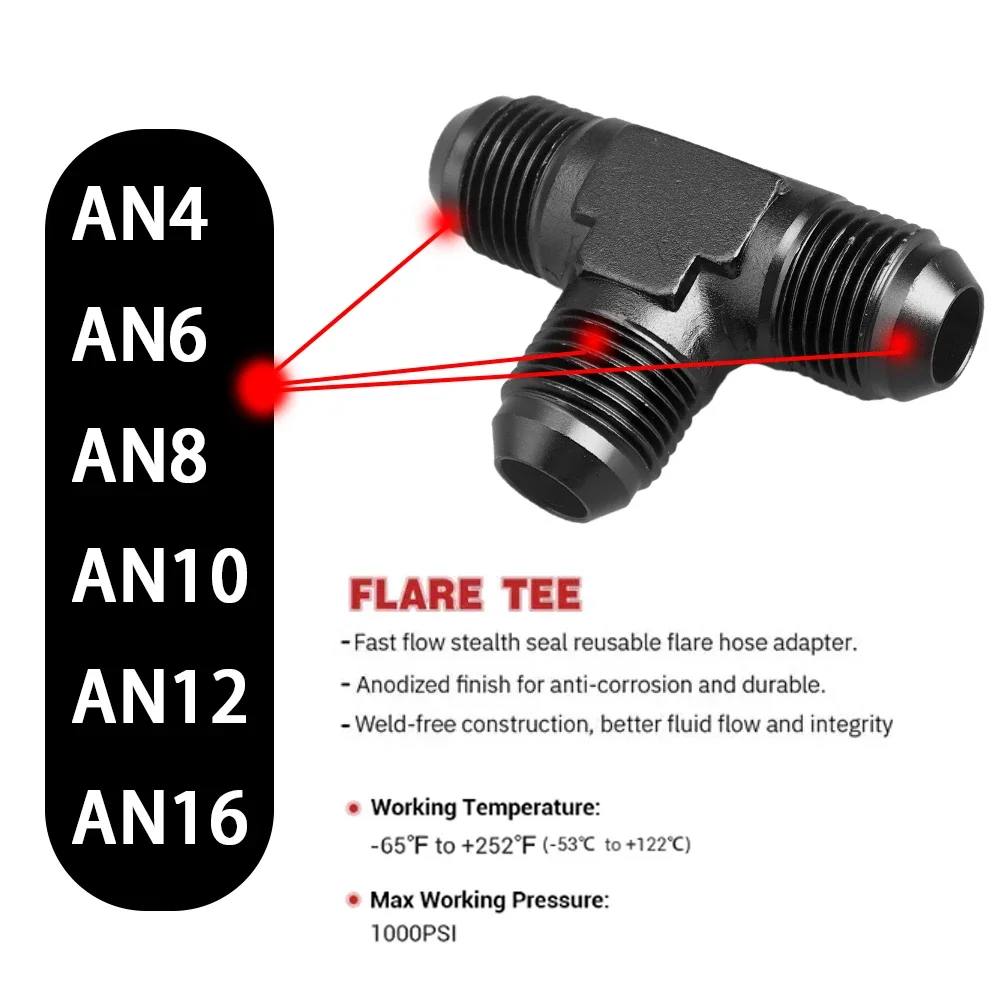 Aluminium Verbindingskoppeling Slangadapter Slang T-Stuk Adapter Connector Fitting Draad An4 An6 An8 An10 An12 Zwart/Blauw