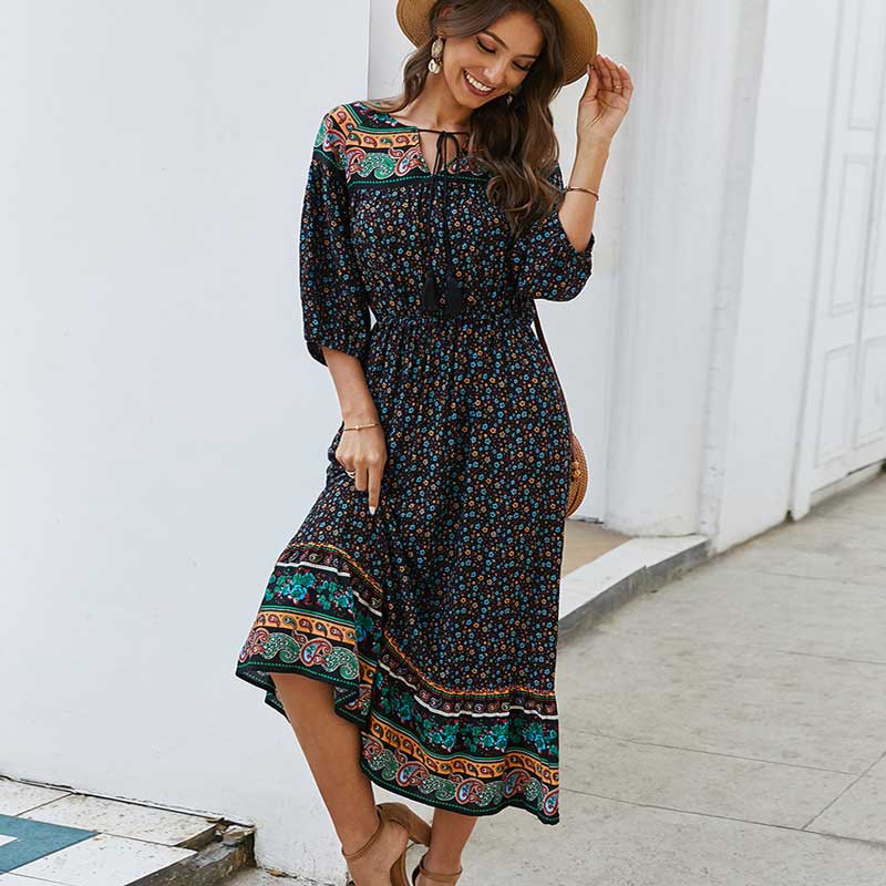 Boho inspiroitu kukkaprintti pitkä boho mekko puuvilla kevät kesä mekko tupsu sidottu v-pääntie rento naisten mekko boheemi mekko