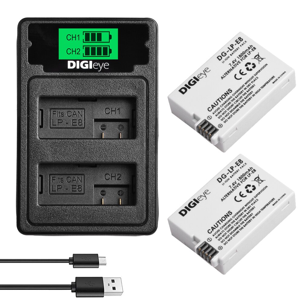 2X LP-E8 LPE8 Battery + LCD Dual Charger With Type C Port for Canon Rebel T3i T2i T4i T5i EOS 600D 550D 650D 700D Kiss X5 X4 X6: 2 battery set