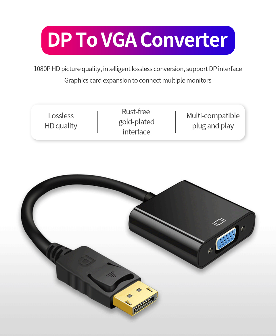 DisplayPort to VGA Adapter 1080p DP Male to VGA Female Converter Cable For Projector TV Computer Laptop PC