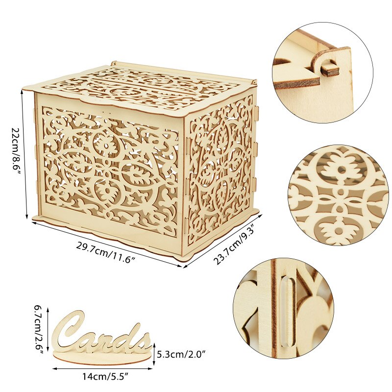 Wedding Card Box Envelope Card Wooden Boxes Hollow Floral Pattern Invitation Card DIY Box Wedding Party Decoration Supplies: W01