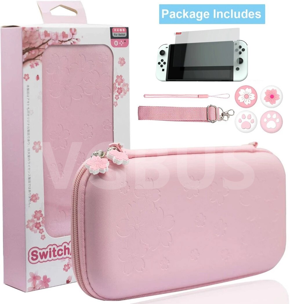 8 in 1 pinke reise-aufbewahrungstasche, tragetasche, schultertasche, schutzhülle, displayschutzfolie, daumenkappen für nintendo switch oled-konsole, zubehör: Default Title
