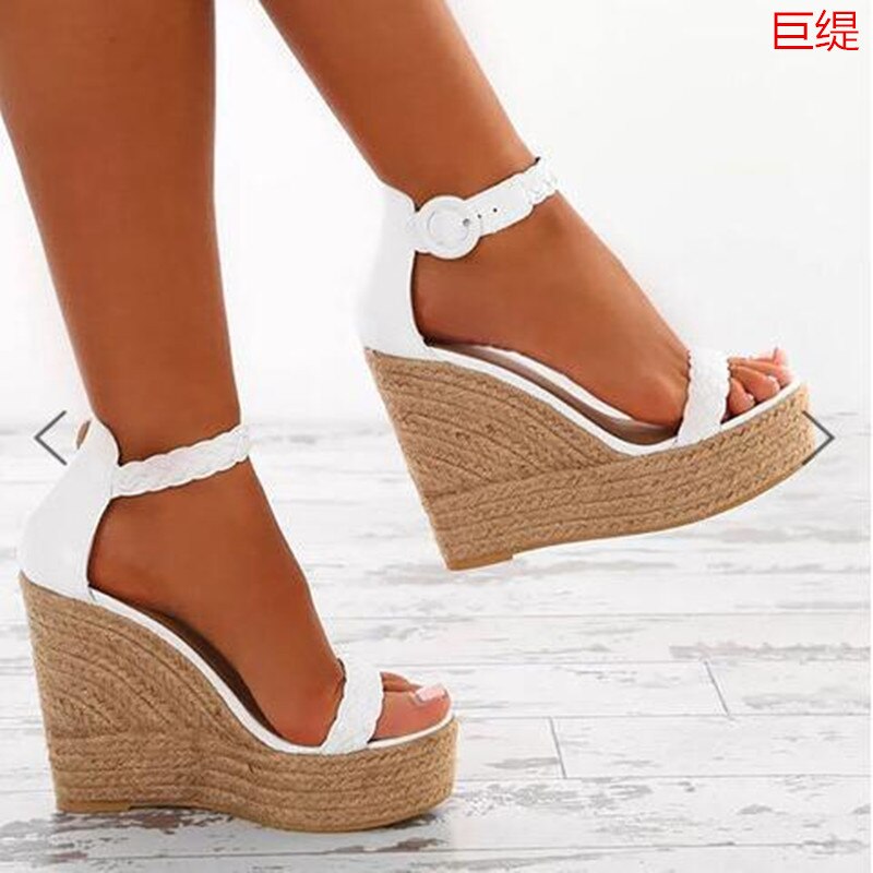 Vrouw Zomer Sexy Wedge Sandalen Platform Dames Hoge Hakken Schoenen Vrouwen Mode Stro Gesp Open Teen Casual Vrouwelijke Schoenen: 35