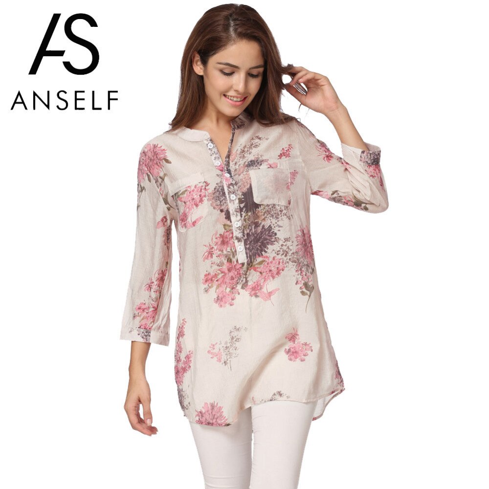 Blusa vintage con estampado floral para mujer, blusa informal de talla grande, de manga 5xl 3/4 para otoño, blusas largas