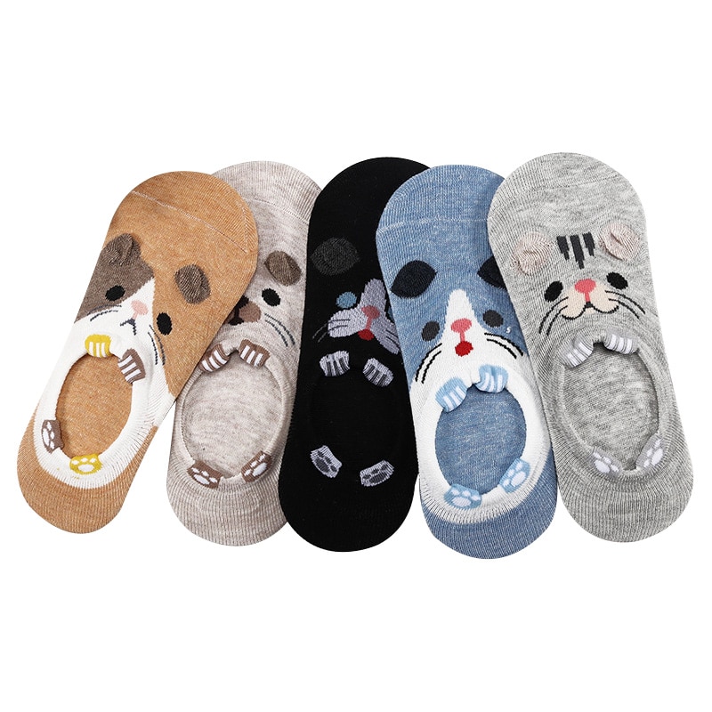 10 pieces = 5 pairs/lot Women&#39;s Invisible Socks Summer Cute Harajuku Animal Sock Cat Bear Rabbit Funny Low Cut Ankle Happy Socks