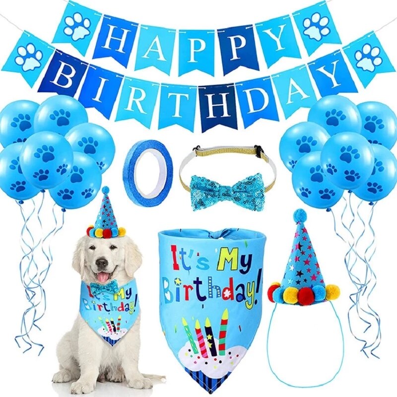 Handmade Dog Birthday Bandana Set Party Pet Pull Flag Triangle Scarf Cake Hat Decoration for DIY Pet Party Supplies: Blue My Birthday