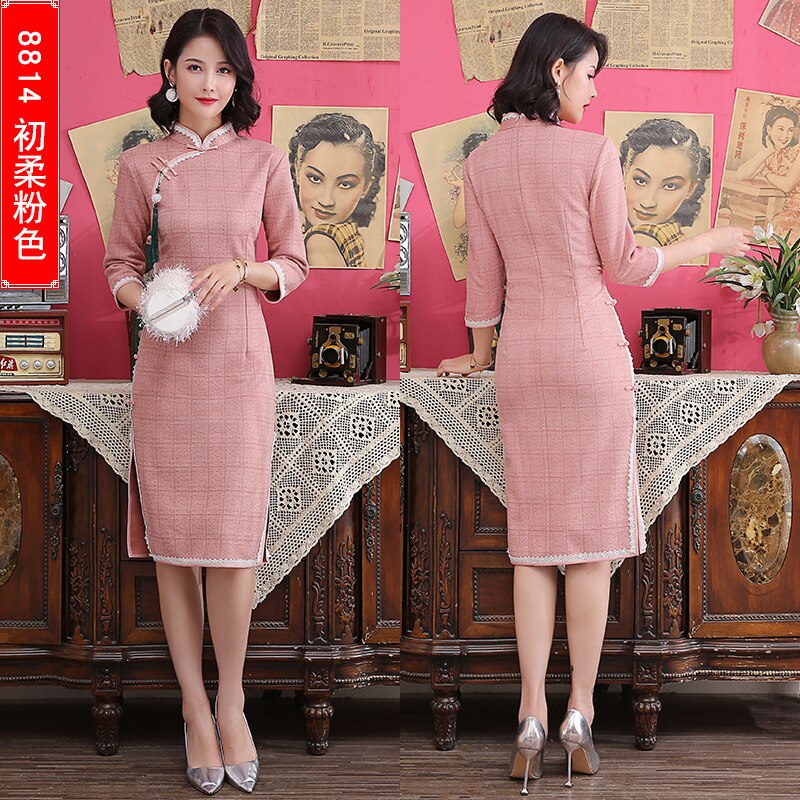Vintage Chinese Mandarin Collar Dress Winter Suede Knee Length Cheongsam Women Qipao Slim Wedding Dresses Vestido S-4XL: pink / S