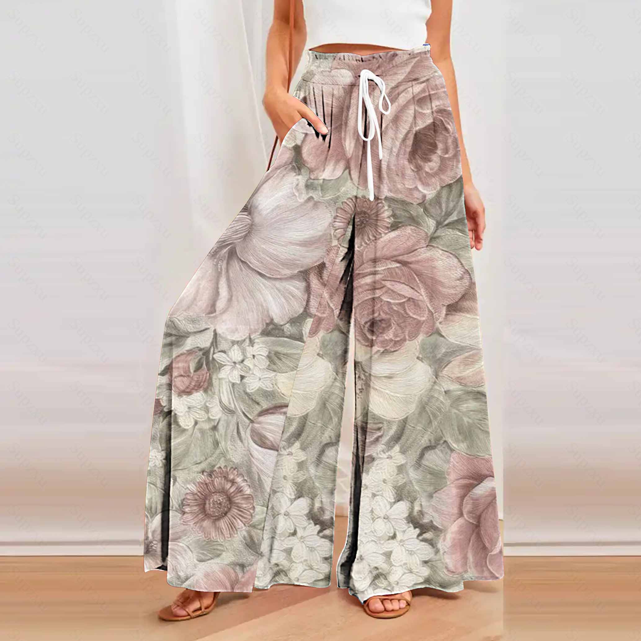 Women's Wide Leg Trousers ZANZEA Kaftan Printed Pants Elastic Waist Long Pantalon Palazzo Casual Floral Turnip Oversized: S / Beige