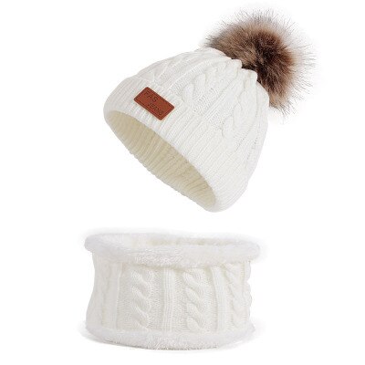 Jul piger søde vinter hat + tørklæde 2 stk sæt nyfødt tørklæde til drenge piger spædbarn bomuld strikket varme uld hatte: Hvid