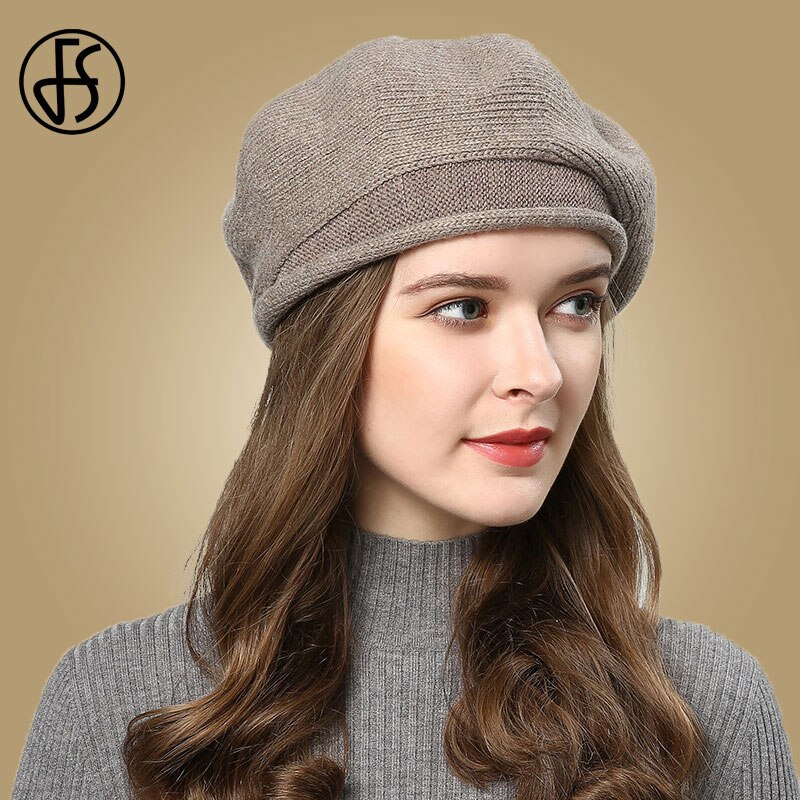 Fs pink baret hat til kvinder strikket uld vinterhatte kvindelige baretter femme efterår sort varm kasket touca inverno feminina: Khaki beret