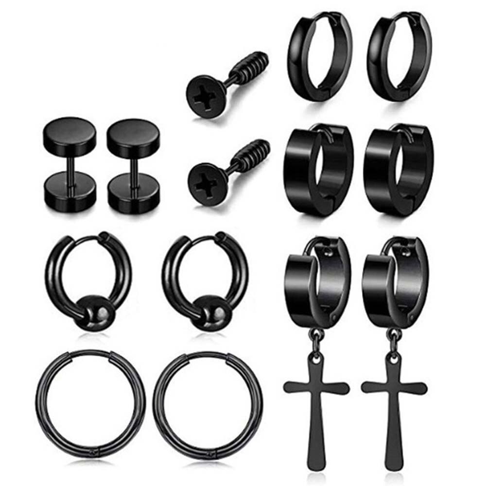 8 pares Punk pendientes Hip Hop Rock negro de acero de titanio Stud pendientes Acero inoxidable pendientes de pesas de la joyería para las mujeres de los hombres
