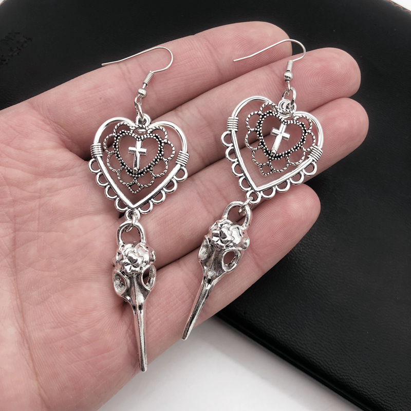 Pendientes góticos con forma de corazón, cruz, pájaro, calavera, de joyería, arte oscuro, pendientes colgantes estéticos góticos para alternativos Punk para chica