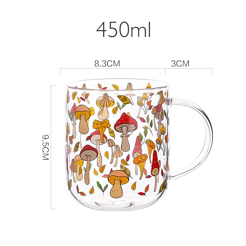 Jinyoujia värmebeständig med handtag glasmugg frukost mjölkkopp söt kontor hem kaffemuggar citron svamp pumpa mönster: Svamp 450ml