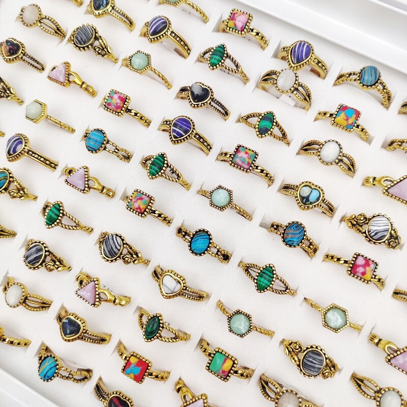 10 stuks/batch vintage antieke gouden stenen ring vrouwelijke gemengde stijl bohemien kleur turquoise gezamenlijke ring sieraden